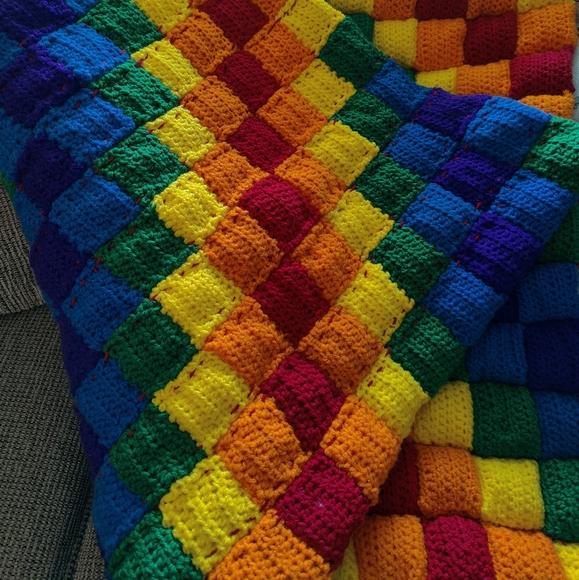 Hand Crochet Rainbow Puff Square Quilt Blanket - Picture 4 of 7